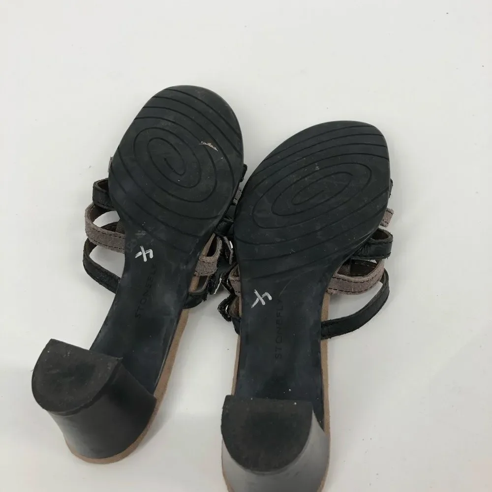 Stonefly Heeled Sandals‎ Womens 38 Black Cream Strappy Leather Slip On Open Back